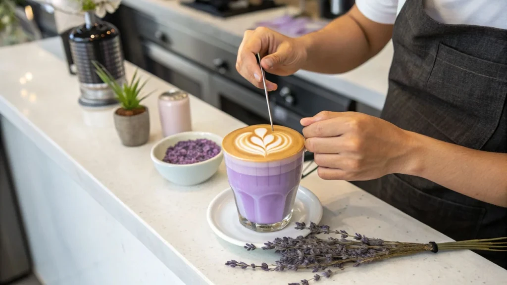 A barista customizing a lavender latte with oat milk.