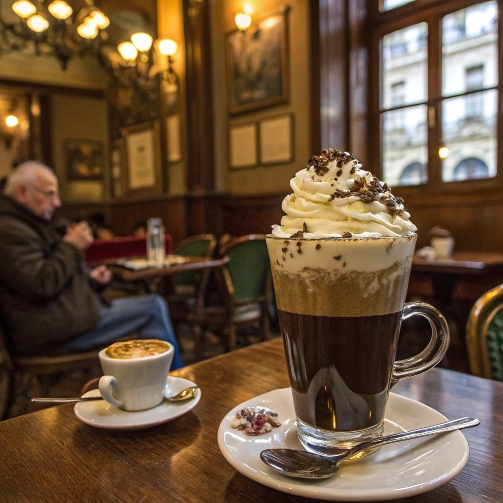 Freshly brewed black coffee with whipped cream for Einspänner.