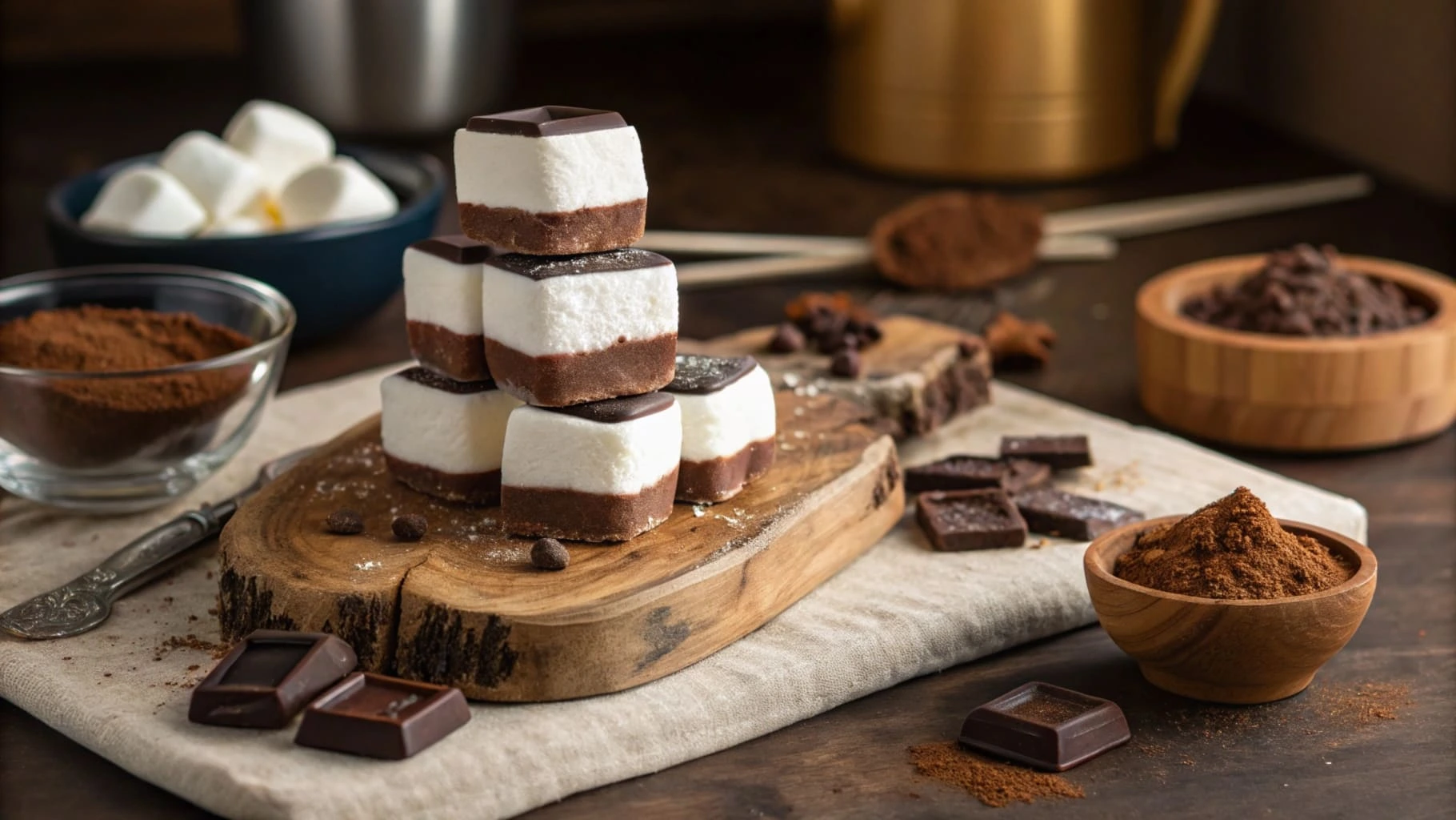 A stack of chocolate-covered marshmallows on a wooden board surrounded by marshmallows and cocoa powder.