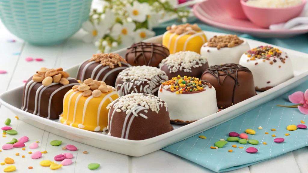 A platter of chocolate-covered marshmallows with assorted toppings like nuts, sprinkles, and caramel drizzle.