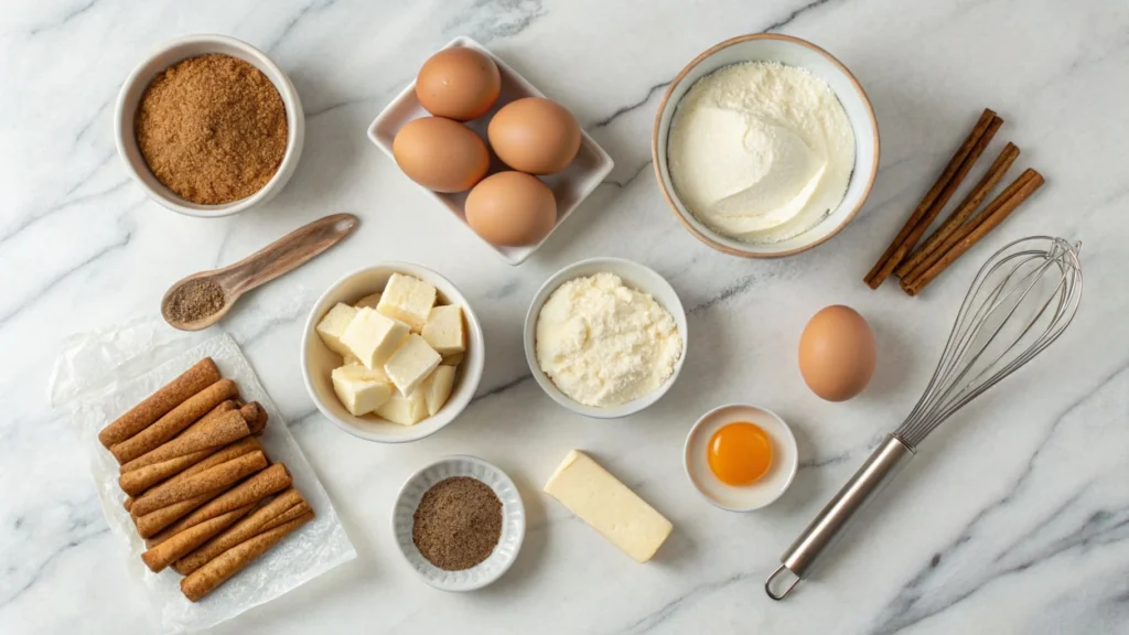 Ingredients for churro cheesecake including cream cheese and cinnamon.