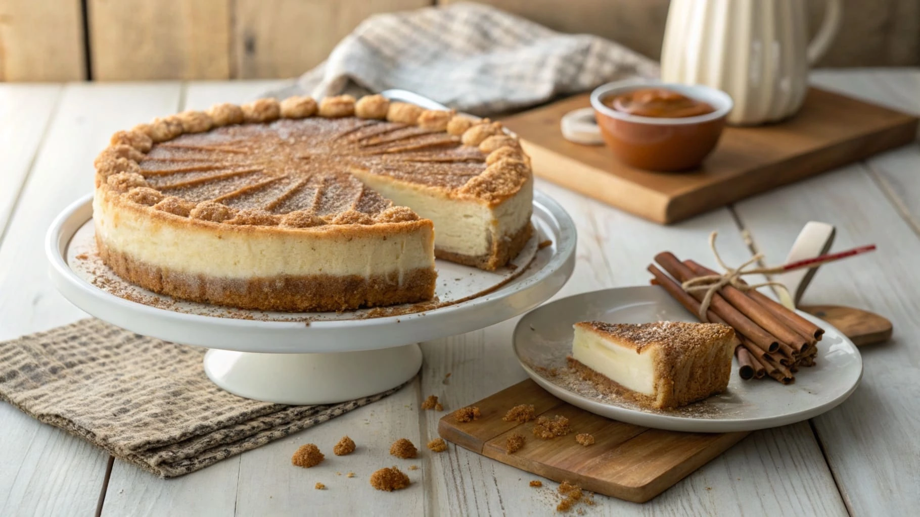 Crispy churro cheesecake on a wooden table with caramel drizzle