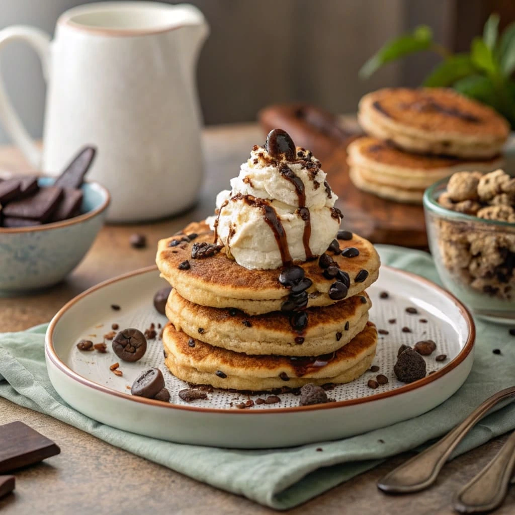 Cookies & cream pancakes topped with whipped cream and cookie crumbles.