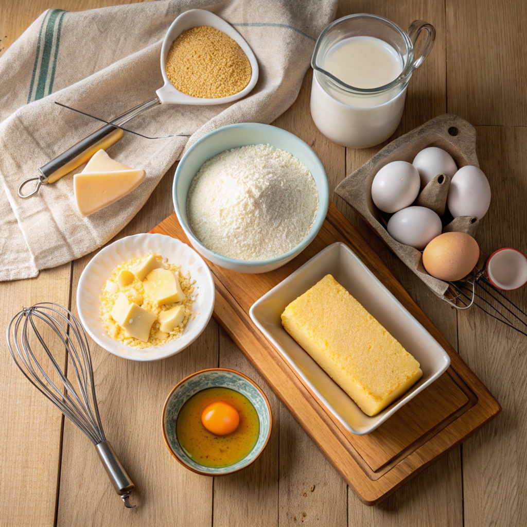 Overhead shot of cornbread ingredients, including cornmeal, flour, eggs, milk, butter, and a loaf pan.