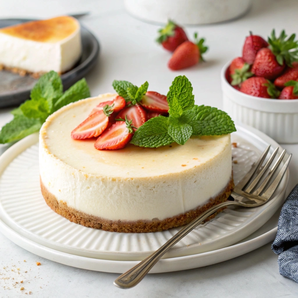 A smooth cheesecake with strawberries and mint garnish