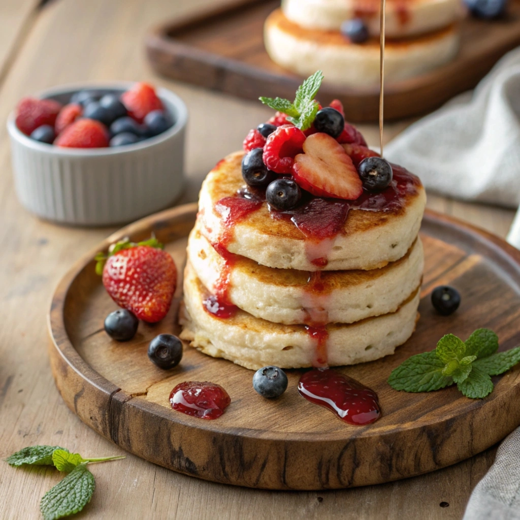 Close-up of cottage cheese pancakes with berries and syrup.