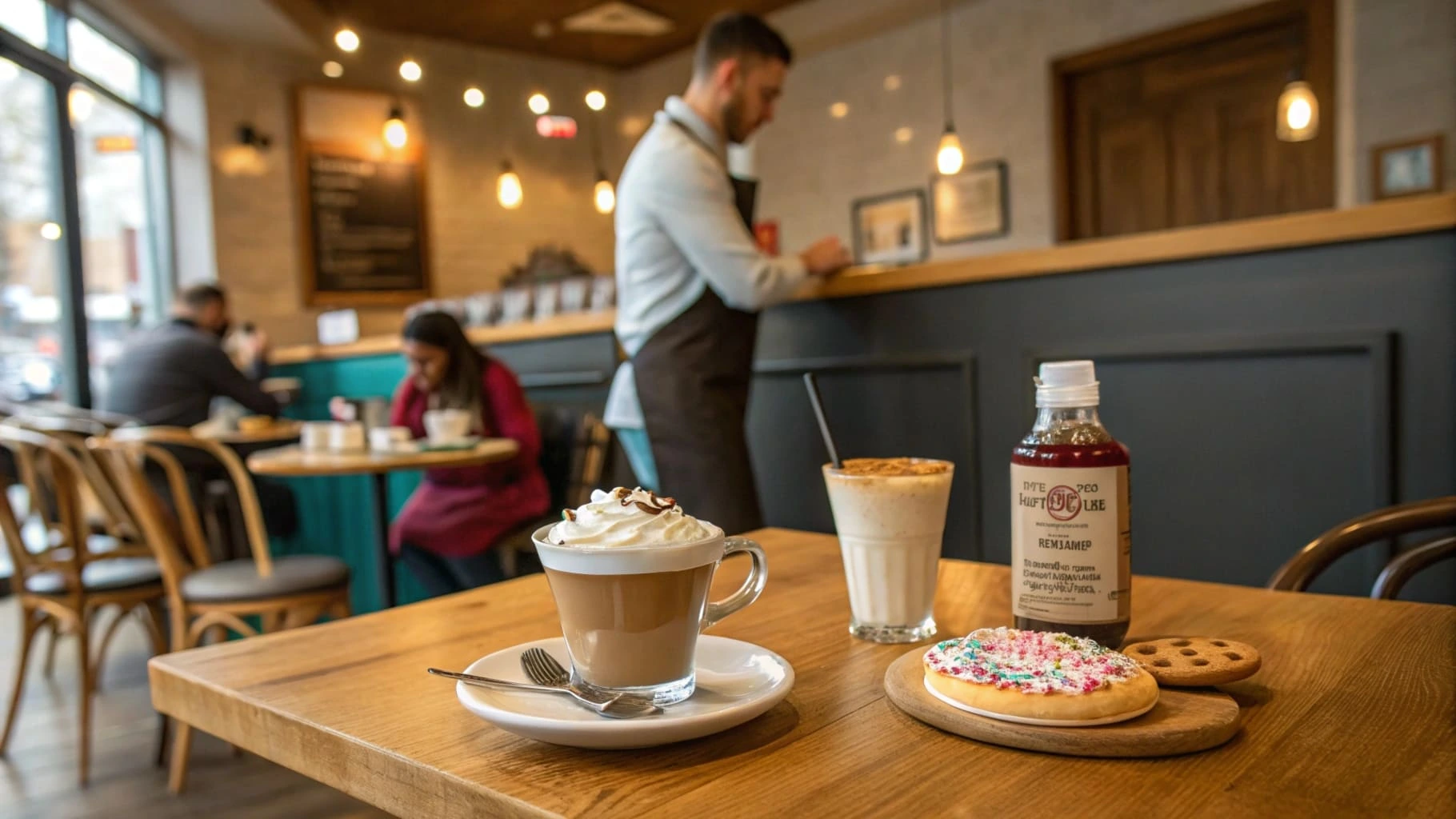 A cup of latte with whipped cream and sprinkles next to sugar cookie syrup in a cozy coffee shop.