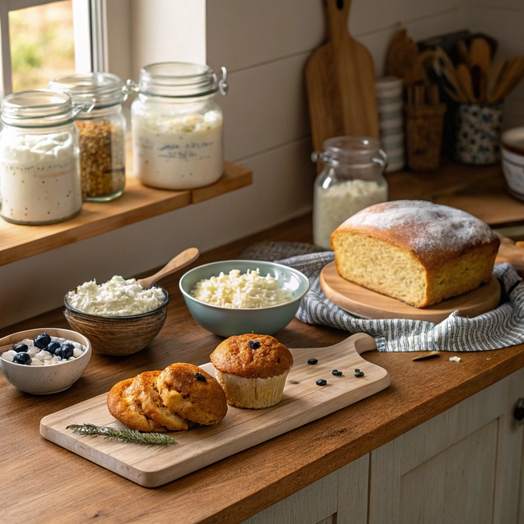 A cozy kitchen scene with baked goods and cottage cheese.