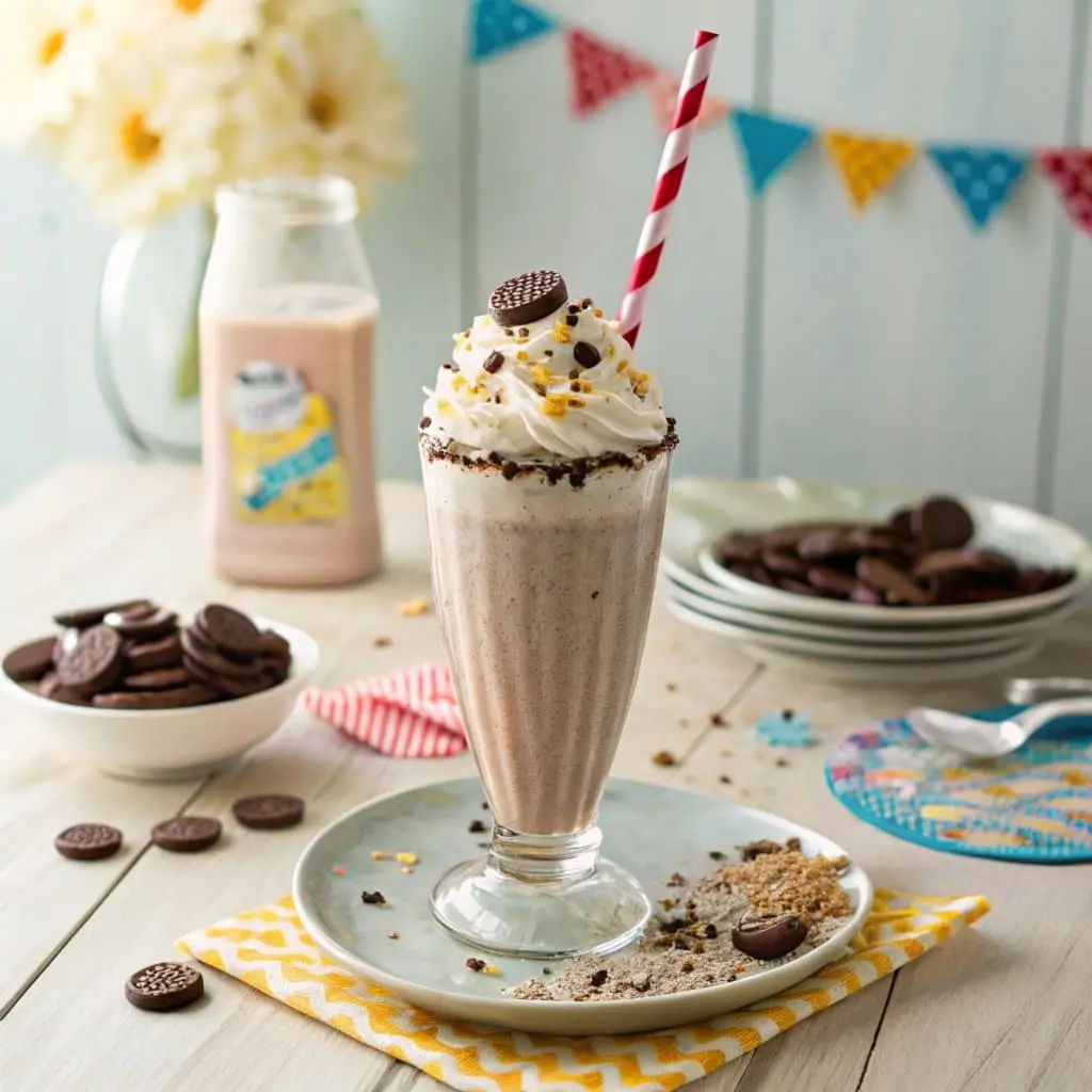  A cookies and cream milkshake topped with whipped cream and cookies.