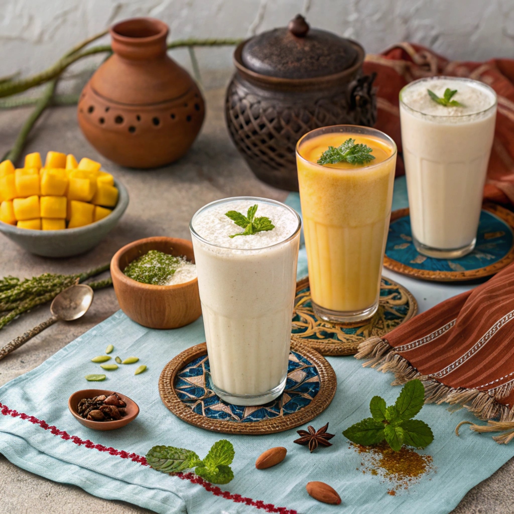 Cold yogurt drinks from various cultures displayed in traditional settings.