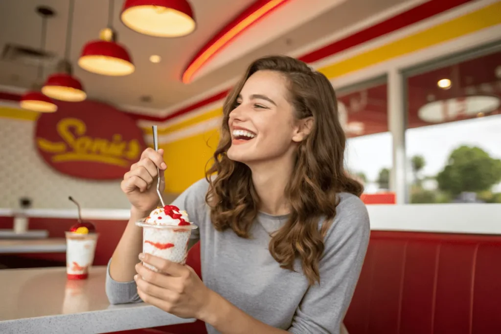 A customer enjoying Sonic’s Strawberry Cheesecake Blast inside a Sonic Drive-In, smiling as she takes a spoonful.