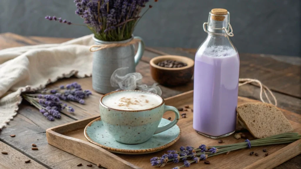 Homemade lavender latte with dried lavender and syrup.