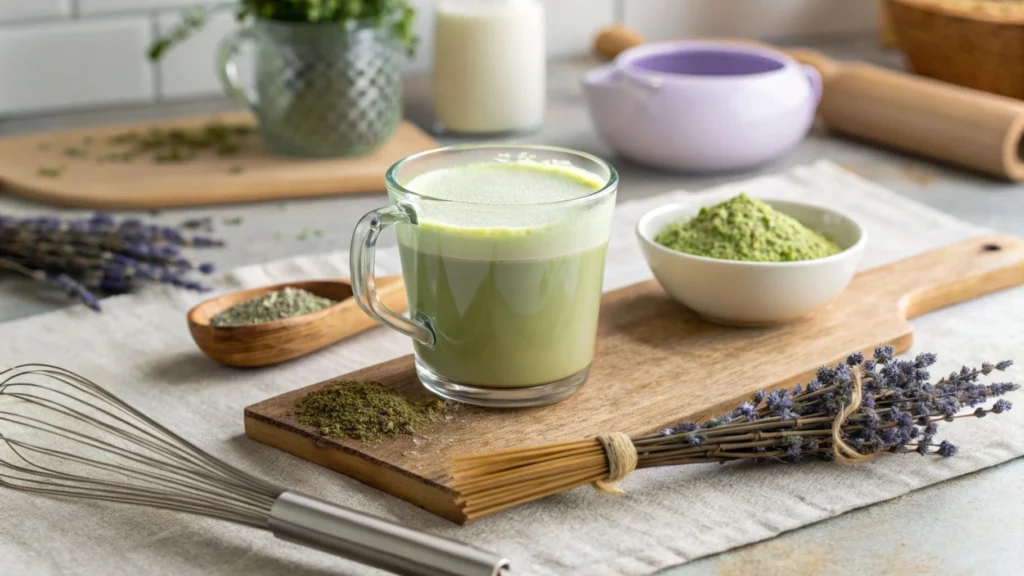  A homemade lavender matcha latte with ingredients displayed on a kitchen counter.