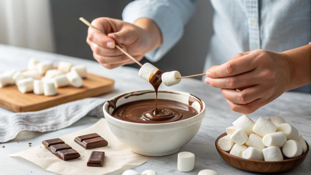 A person dipping a marshmallow into melted chocolate with a skewer.