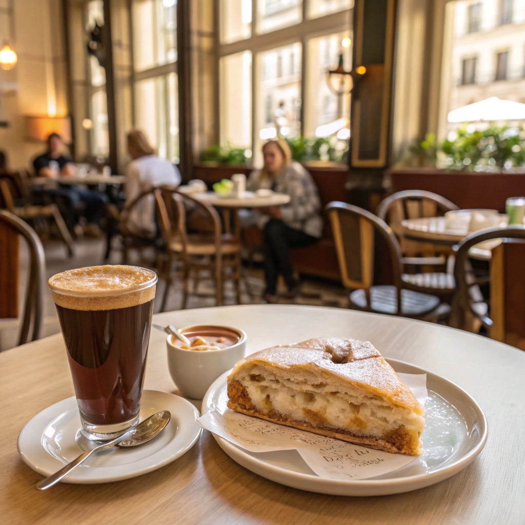 Einspänner coffee paired with apfelstrudel for a perfect snack.