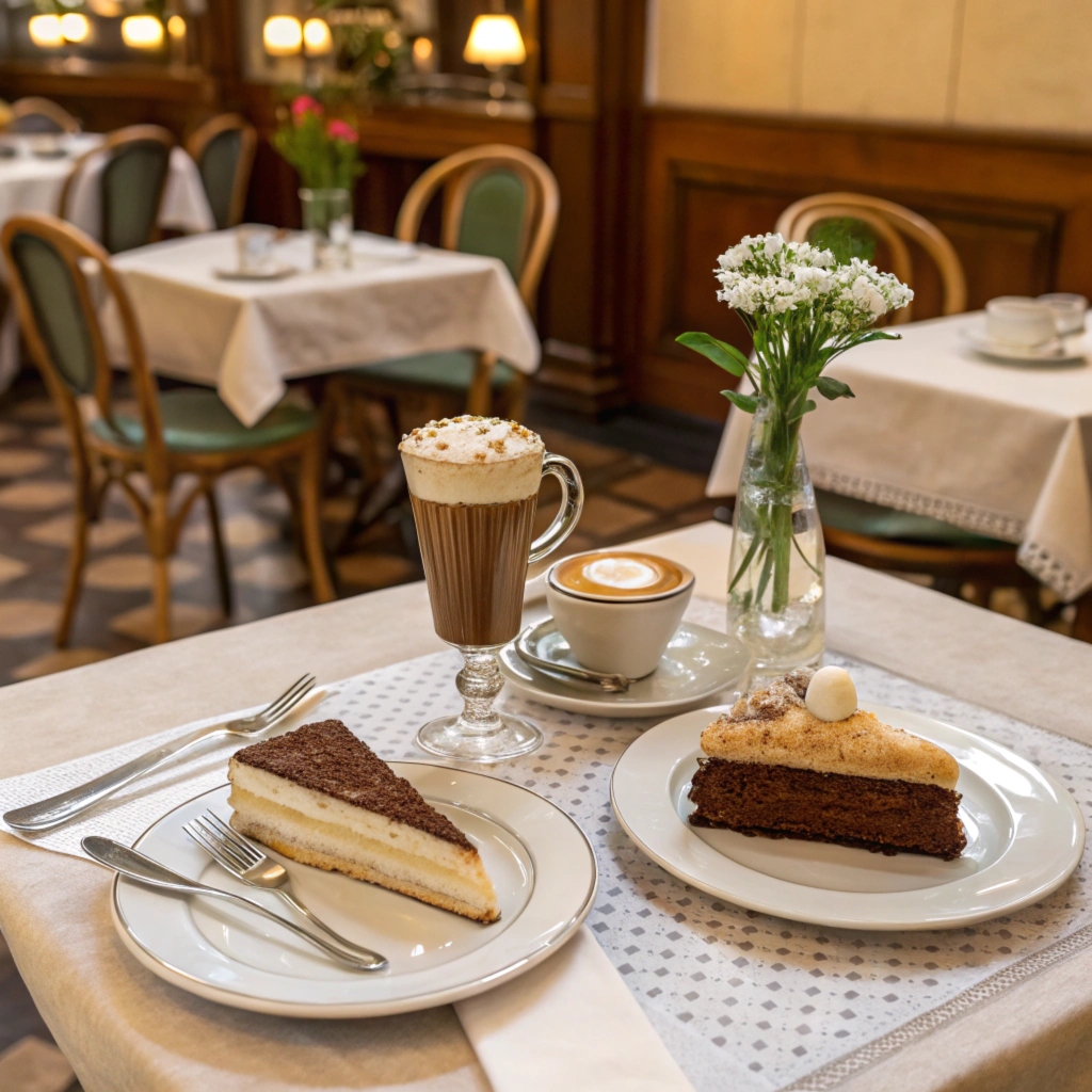 Viennese Café Table with Einspanner Coffee and Austrian Pastries