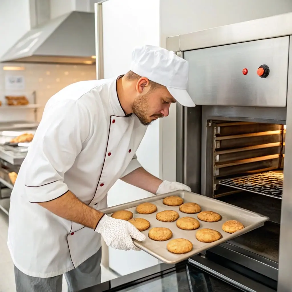 A baker removing freshly baked cookies from the oven.