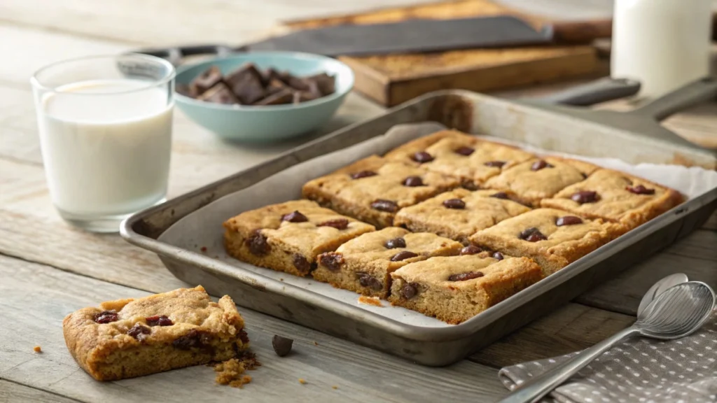 Freshly baked Toll House cookie bars on a wooden table with a glass of milk.