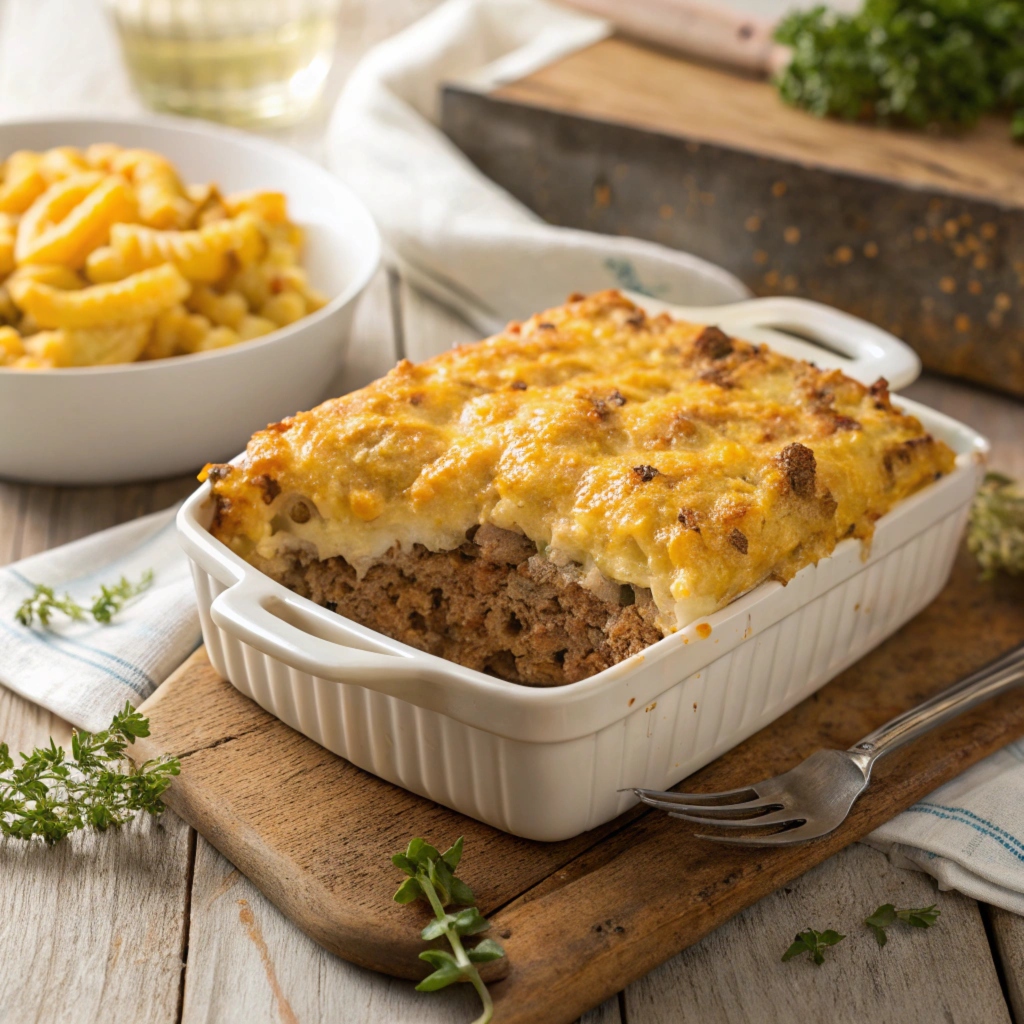 Golden Mac and Cheese Meatloaf Casserole in a white ceramic baking dish with a spatula, ready to serve, on a rustic wooden table.