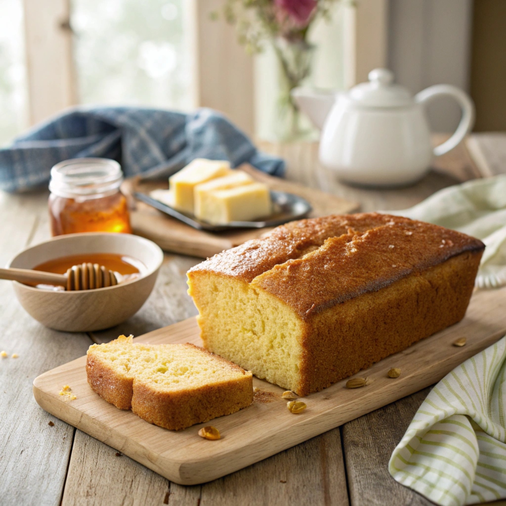 A freshly baked small batch cornbread loaf on a wooden table, with a slice cut to reveal its fluffy interior, drizzled with honey.