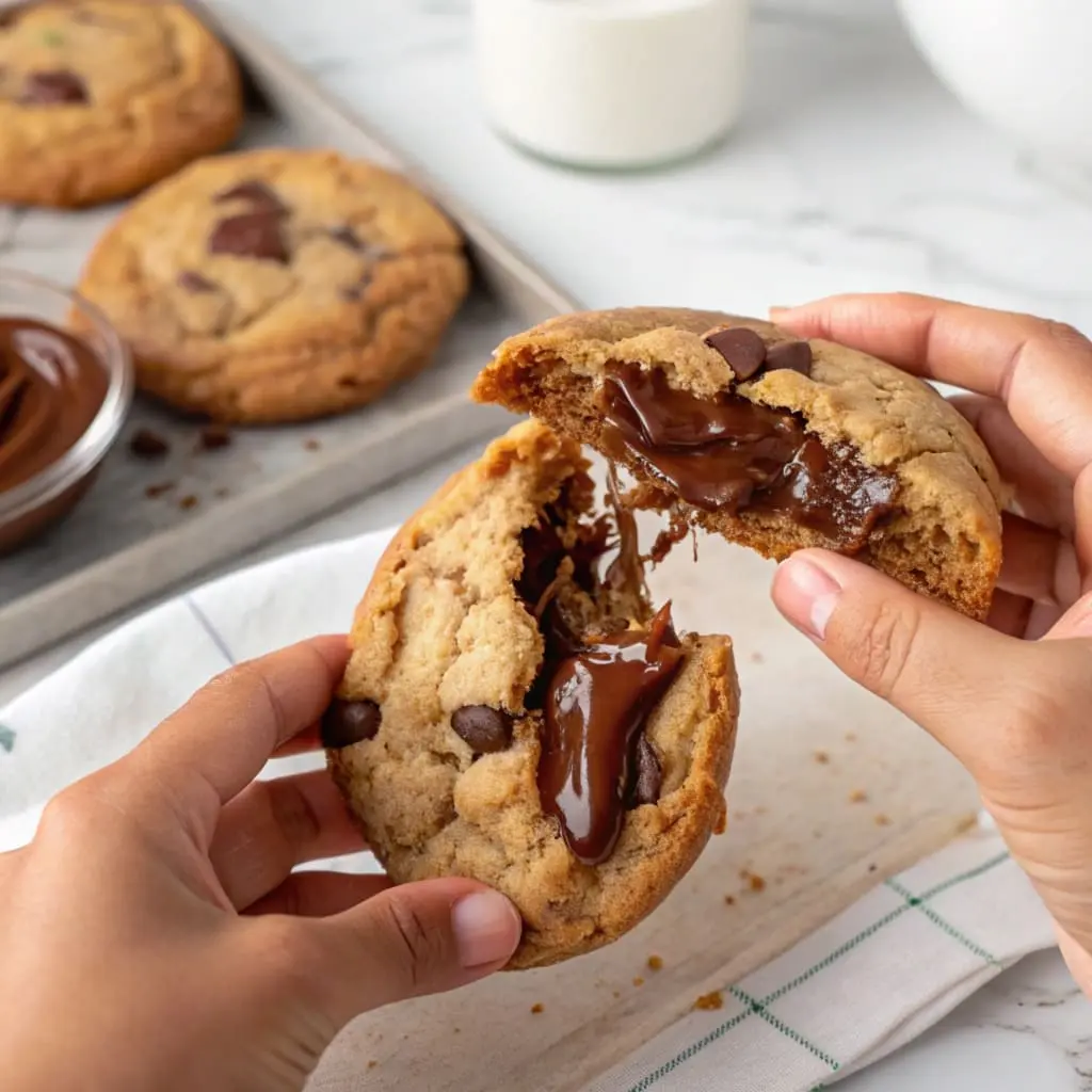 A gooey Crumbl cookie being pulled apart.