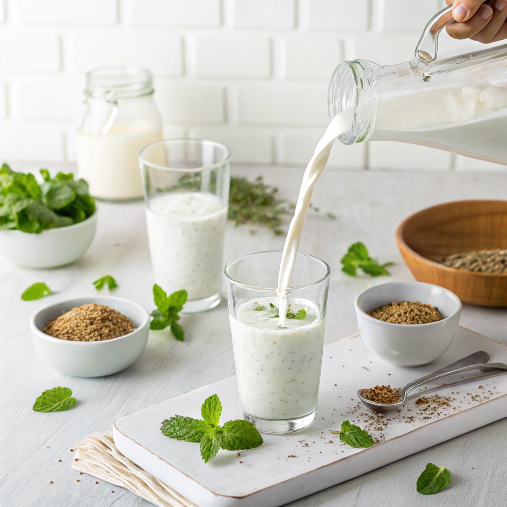 Step-by-step preparation of a homemade cold yogurt drink with fresh ingredients.