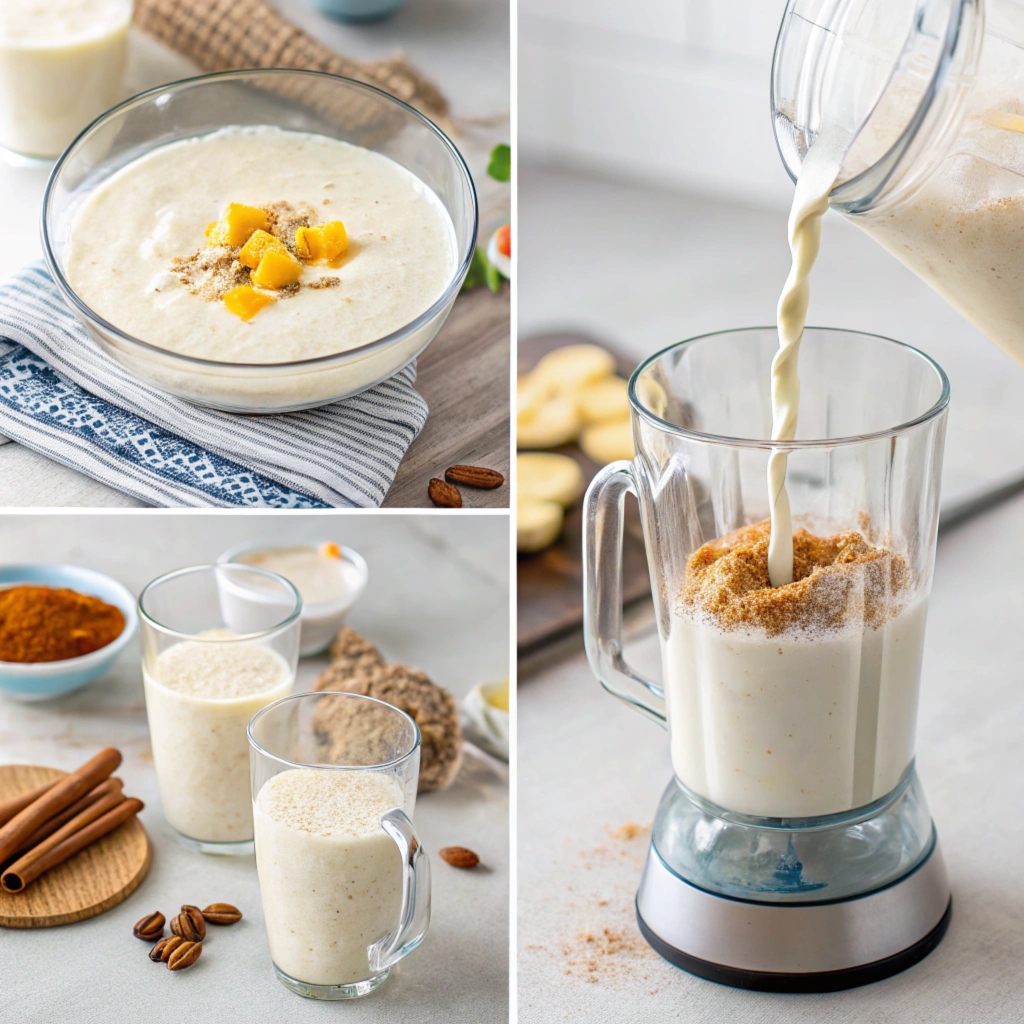 Step-by-step process of making homemade lassi with yogurt.