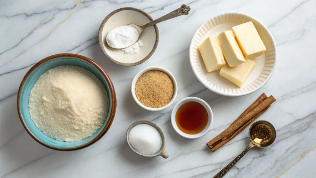  Ingredients for making sugar cookie syrup on a marble countertop.