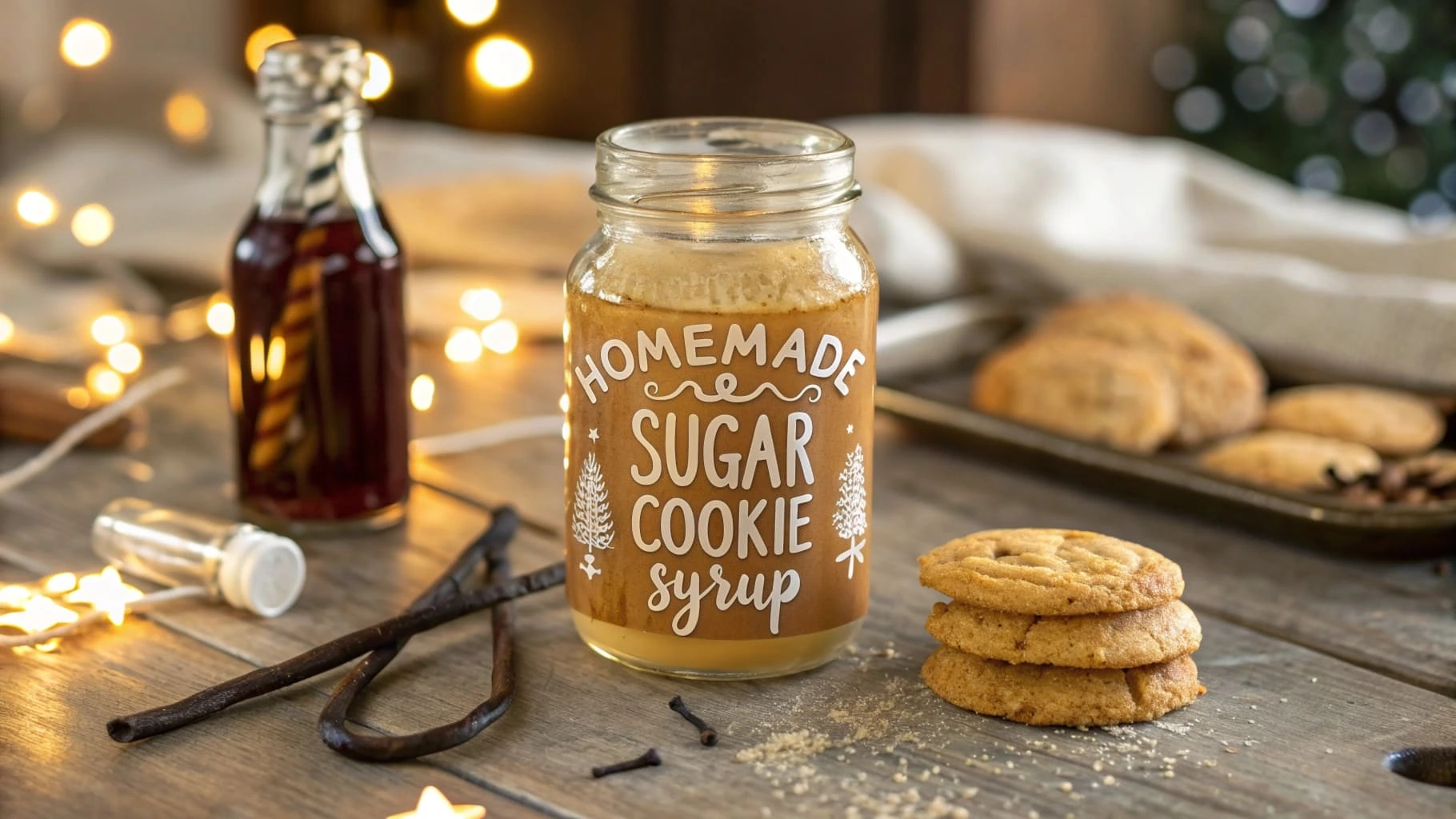 Glass jar of sugar cookie syrup on a wooden countertop with sugar cookies and vanilla pods.