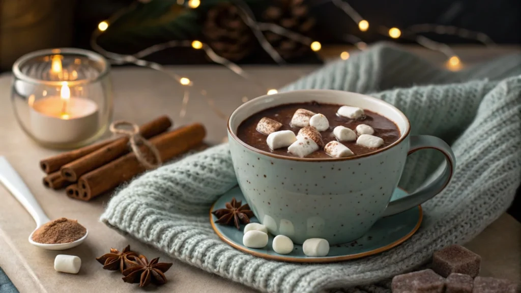 A steaming cup of hot chocolate topped with floating marshmallows.