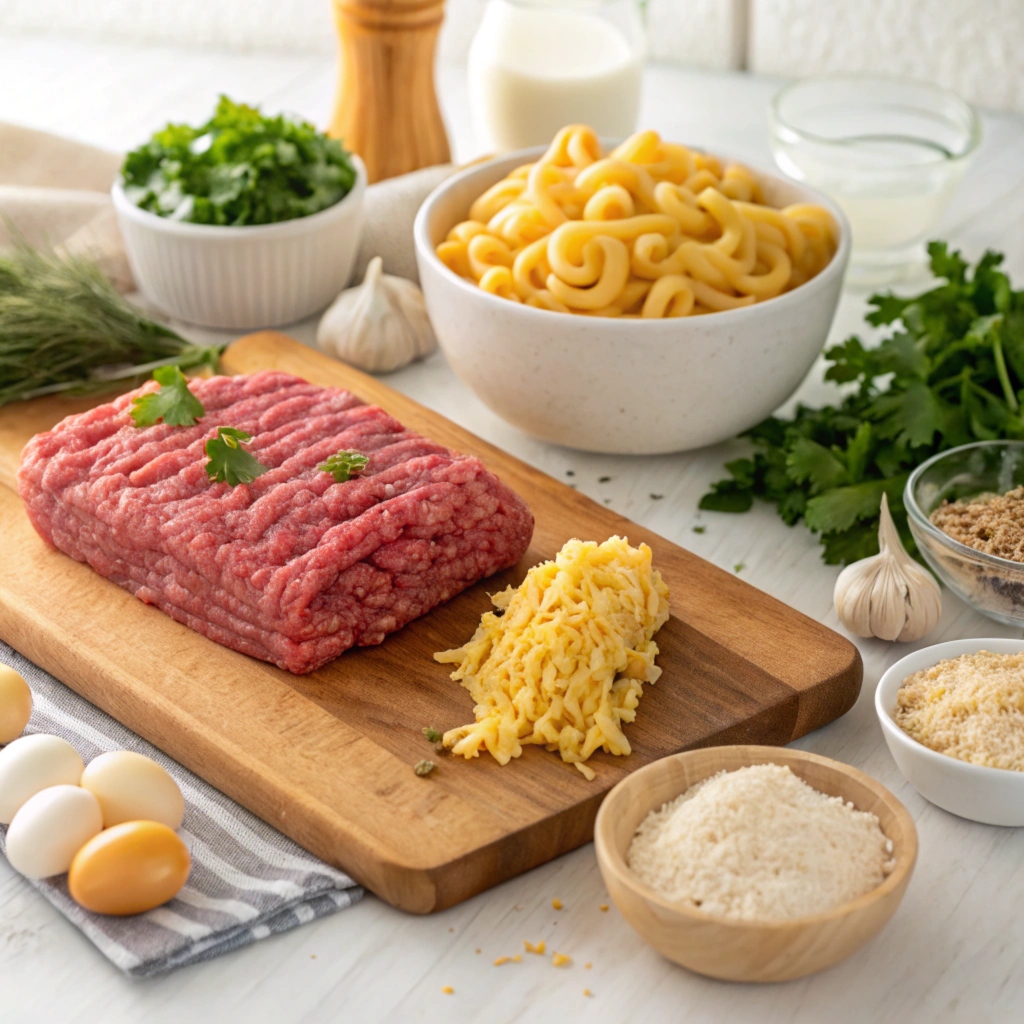 Ingredients for Mac and Cheese Meatloaf Casserole, including ground beef, cheddar cheese, elbow macaroni, breadcrumbs, eggs, and fresh parsley.