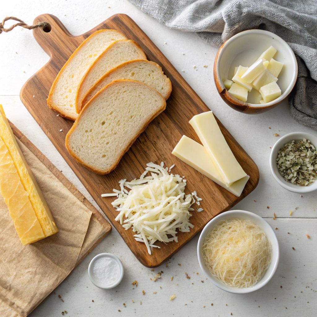 Ingredients for Starbucks grilled cheese recipe, including bread, cheese, and butter.