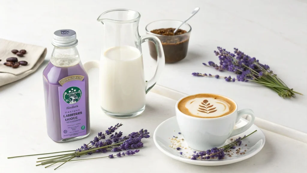 Key ingredients of a Starbucks lavender drink on a table.