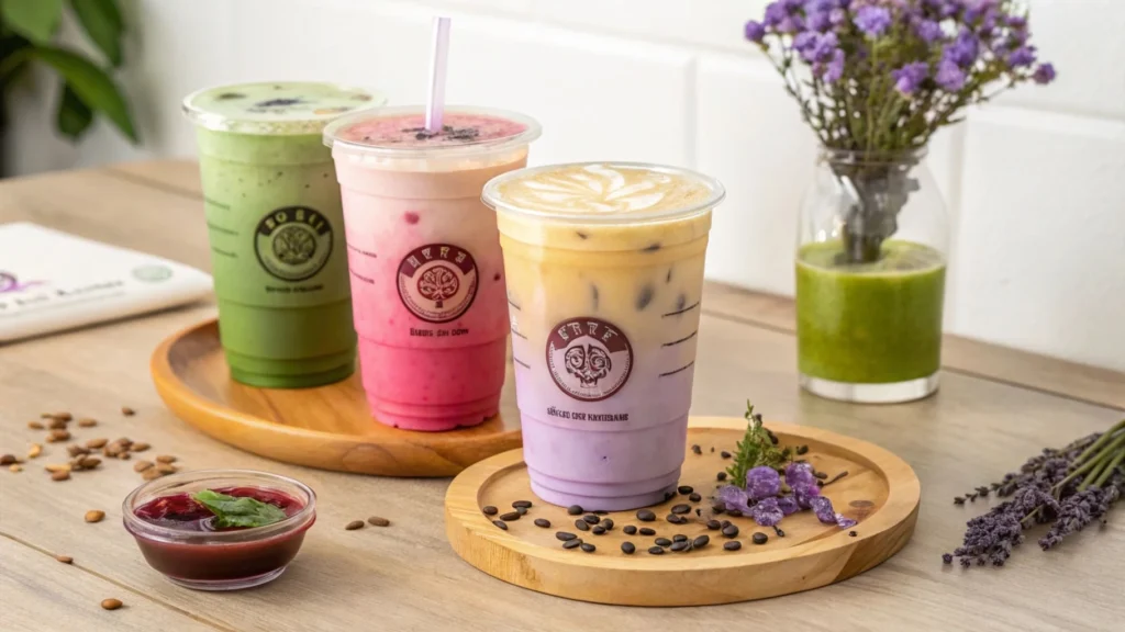 An assortment of drinks, including lavender matcha, iced coffee, and rose matcha on a wooden table.