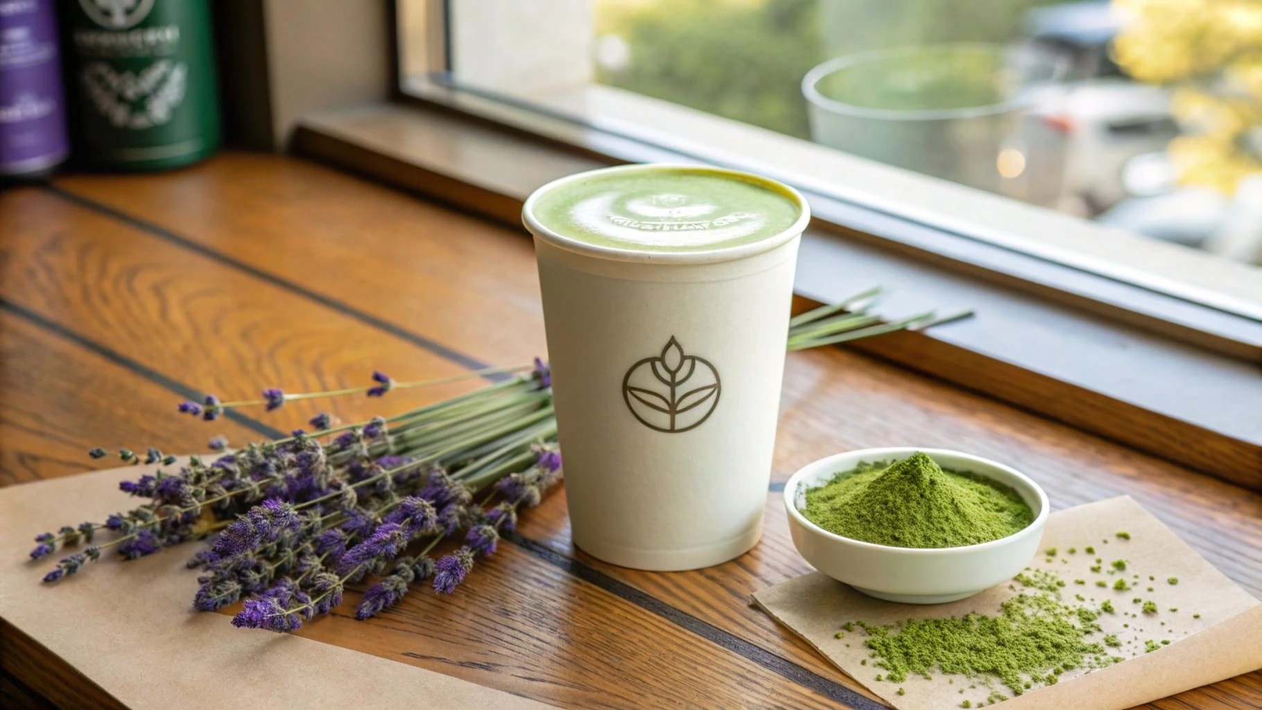 A lavender matcha latte surrounded by lavender sprigs and matcha powder on a wooden table.