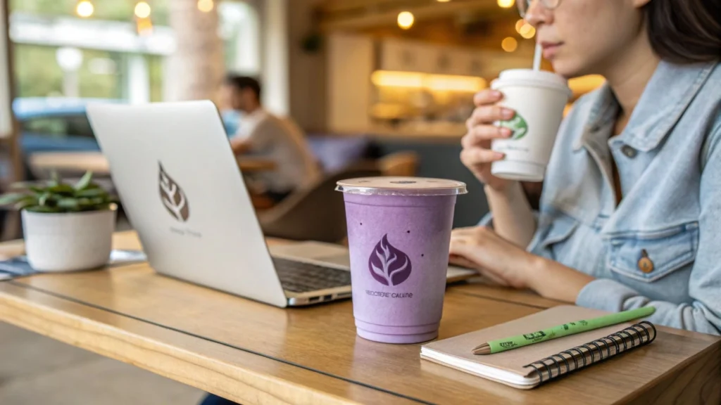 A customer holding a lavender matcha latte and looking confused at a cafe table.