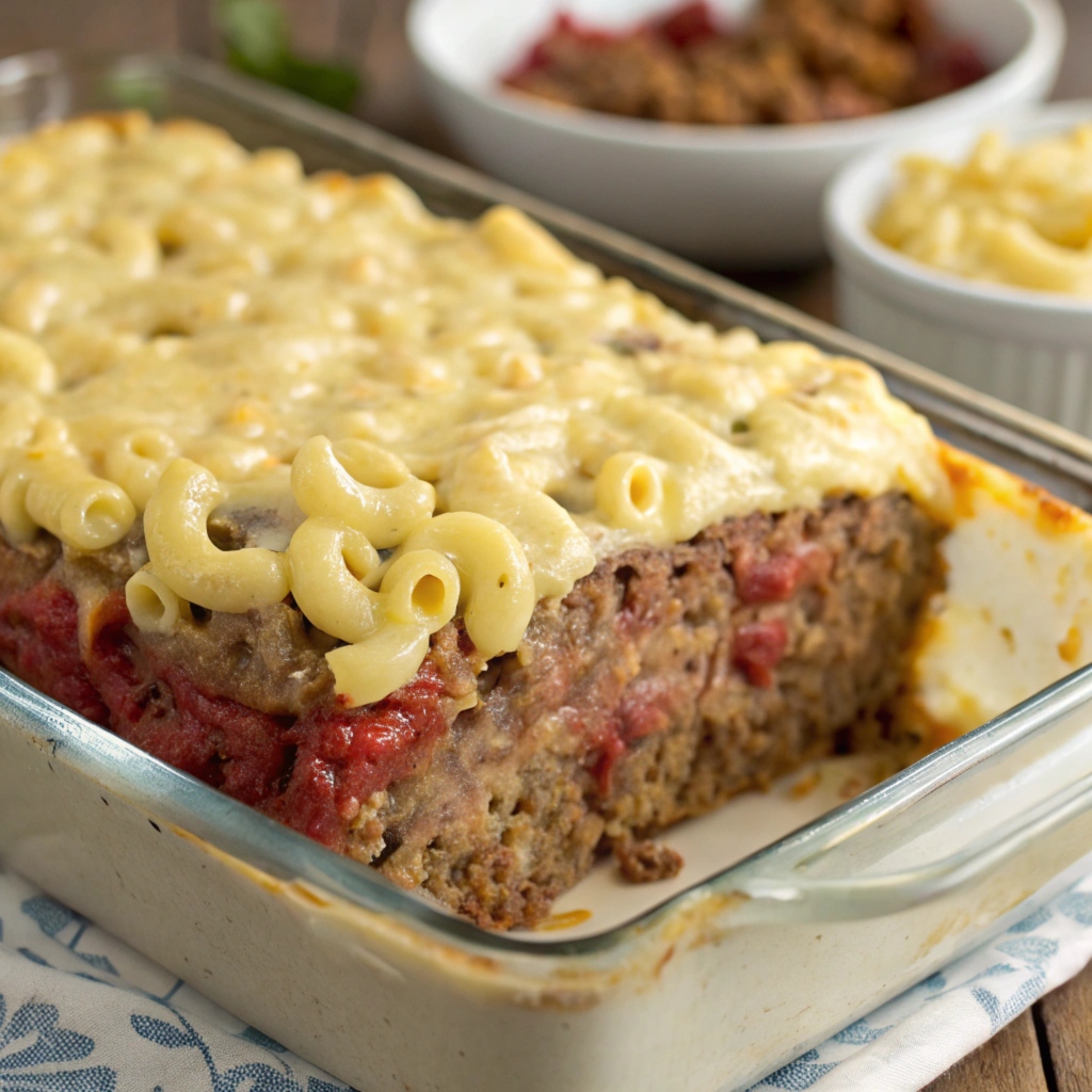 Partially prepared Mac and Cheese Meatloaf Casserole in a baking dish with meatloaf and creamy mac and cheese layers.