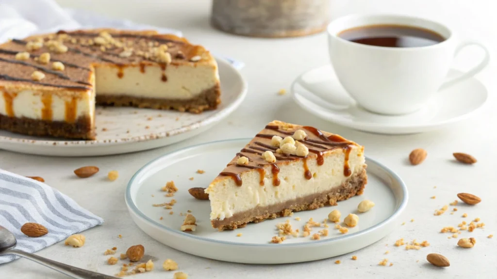 A lighter version of Snickers cheesecake with minimal caramel and peanuts.