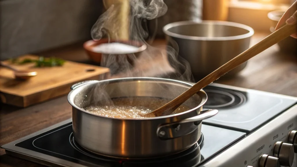 A saucepan with sugar, water, and vanilla extract being stirred on a stovetop to make sugar cookie syrup.