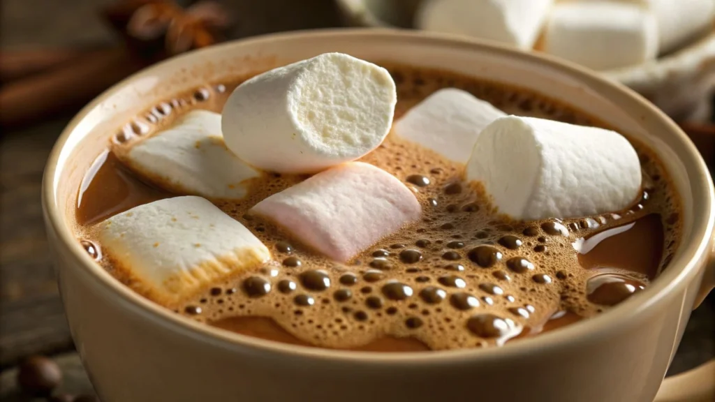 Melting marshmallows on hot chocolate showing texture and bubbles.