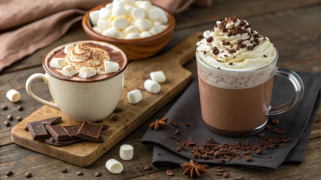 Hot chocolate topped with marshmallows and whipped cream side by side.