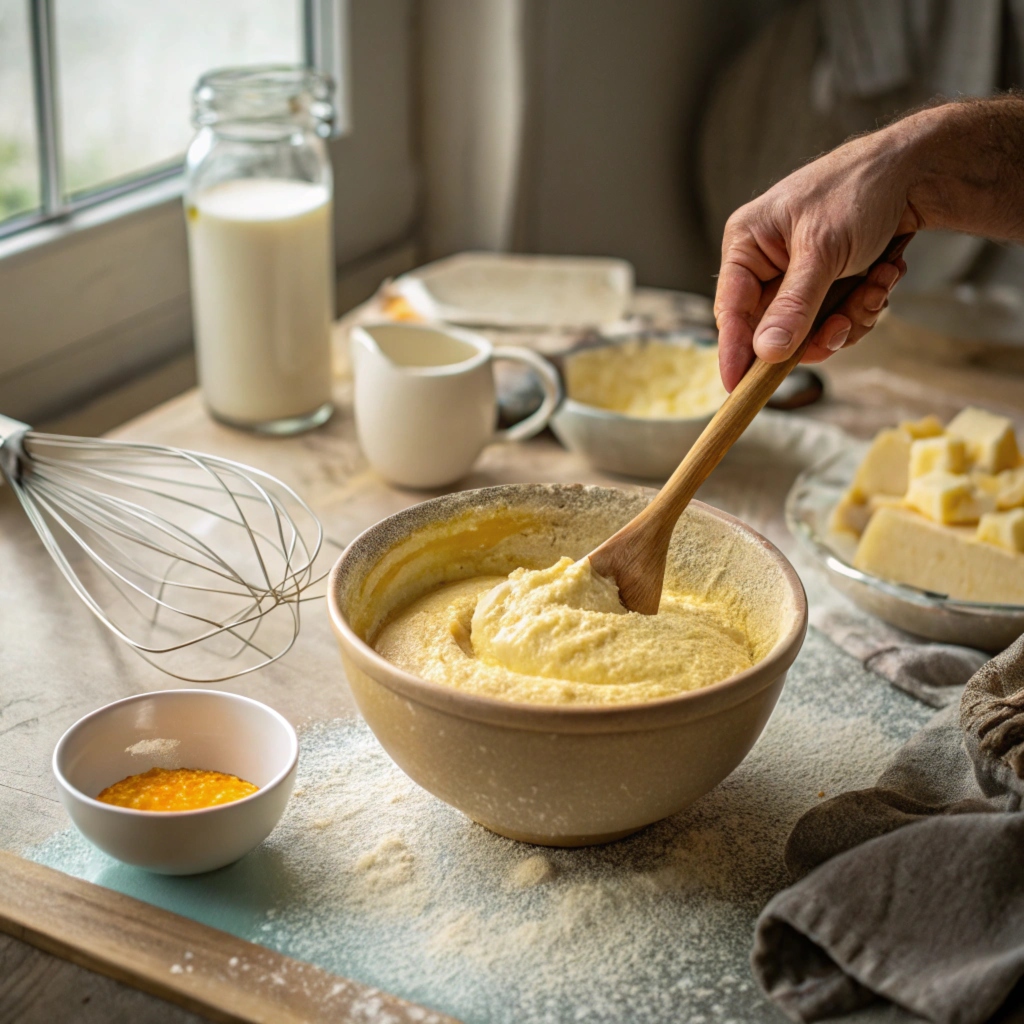 Hands mixing cornbread batter in a bowl with a wooden spoon on a flour-dusted counter.