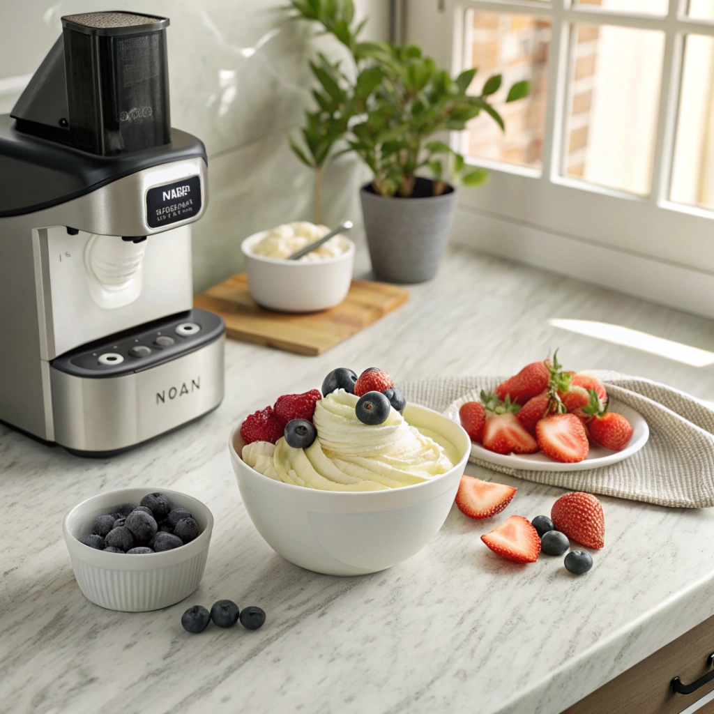 Ninja Creami making creamy frozen yogurt with fresh fruit toppings