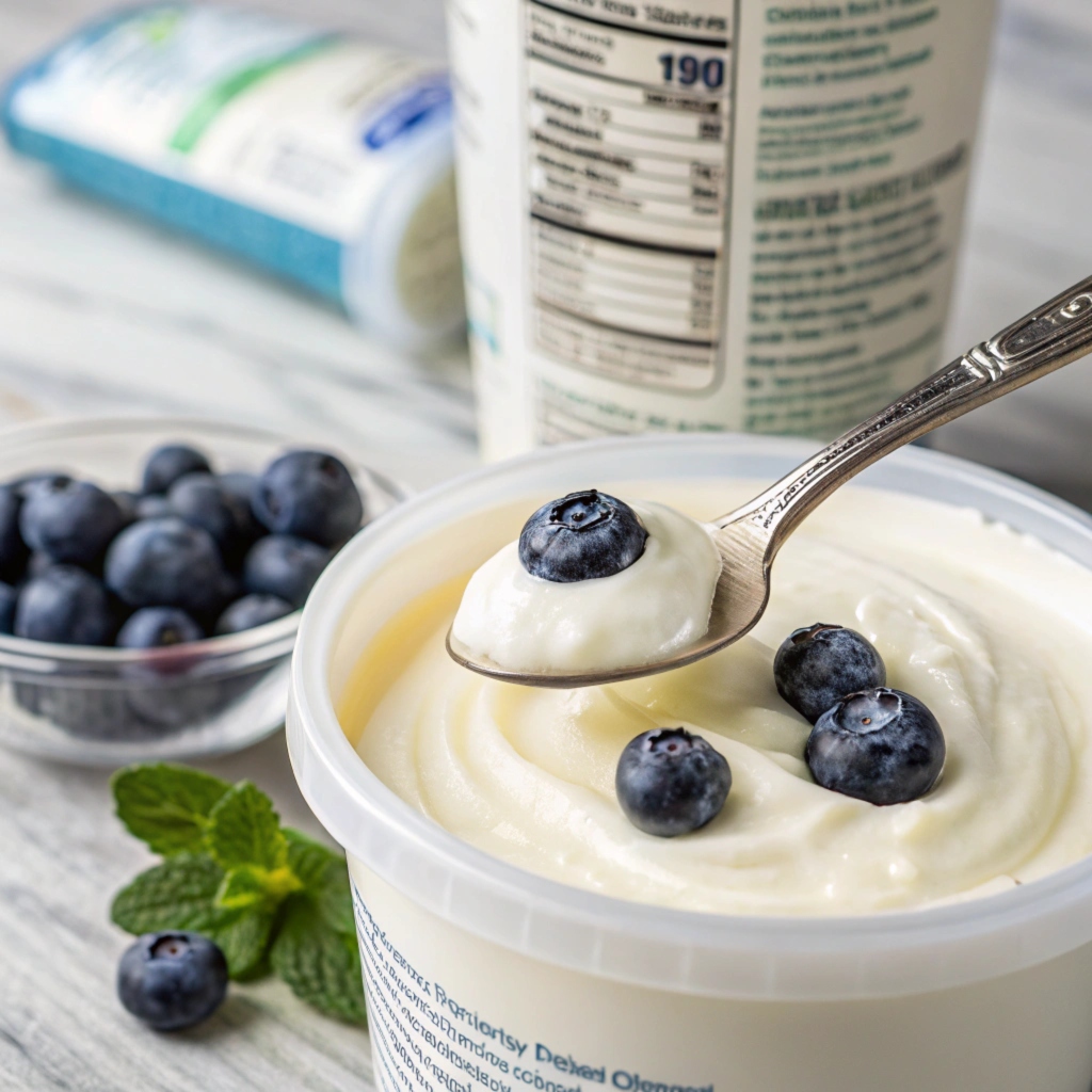 A container of nonfat Greek yogurt with fresh blueberries