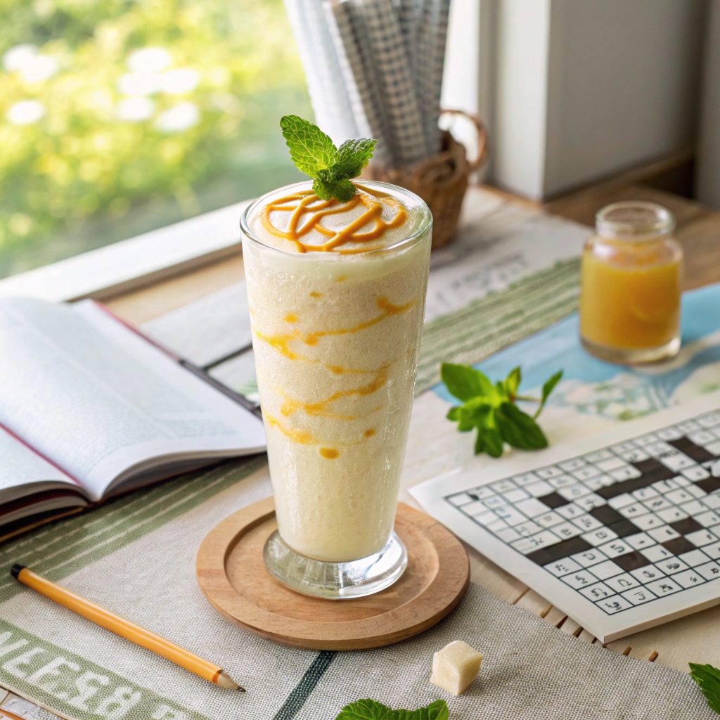 Cold yogurt drink with honey garnish beside a crossword puzzle.