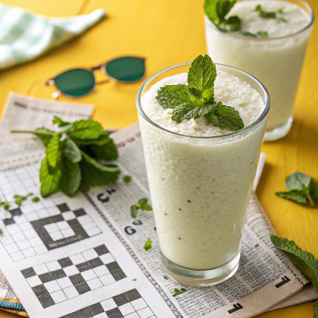 A frosty glass of lassi with mint leaves beside crossword pieces.