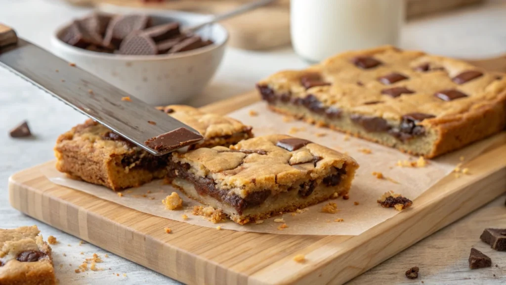 Freshly baked Toll House cookie bars being sliced on a wooden board.