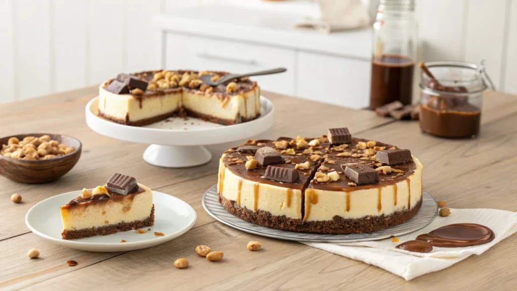 Delicious Snickers cheesecake with caramel and chocolate topping. How many calories does a Snickers cheesecake have