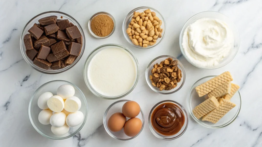 Ingredients for Snickers cheesecake, including cream cheese, caramel, chocolate, and peanuts.