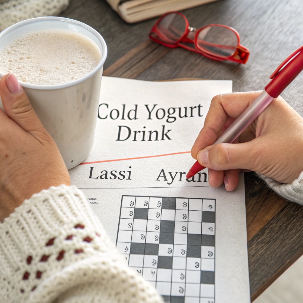 Hands solving a crossword puzzle featuring a cold yogurt drink clue.